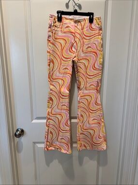 easel Retro Swirl Flare Jeans in Pink & Yellow